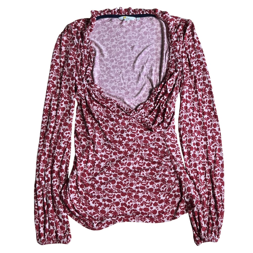 Boden Blouse Womens 8 Red Floral Square Neck Long Sleeve Ruffle Jersey